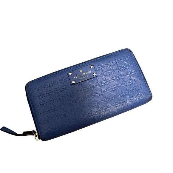kate spade Handbags - Kate Spade Embossed Logo Zip Around Wallet Blue Leather